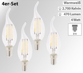Luminea, Luminea 4er-Set LED-Filament-Kerzen, E14, A+, 4 W, 470 Lm, warmweiss, Ba35, 4er-Set LED-Filament-Kerzen, E14, A+, 4 W, 470 Lm, warmweiß, Ba35