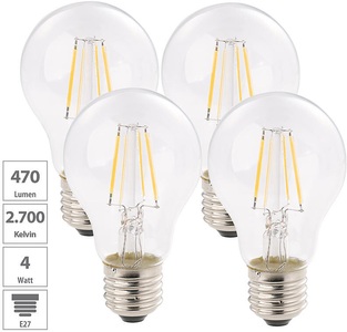 Luminea, Luminea LED-Filament-Birne, A+, E27, 4 W, 470 Lm, 360°, warmweiss, 4er-Set, LED-Filament-Birne, A+, E27, 4 W, 470 Lm, 360°, warmweiß, 4er-Set