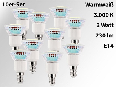 Luminea, Luminea 10er-Set LED-Spots, Sockel E14, 3 Watt, 230 Lumen, warmweiss (3000 K), 10er-Set LED-Spots, Sockel E14, 3 Watt, 230 Lumen, warmweiß (3000 K)