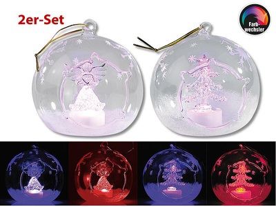 Lunartec, Lunartec Mundgeblasene LED-Glas-Ornamente in Kugelform, 2er-Set, Mundgeblasene LED-Glas-Ornamente in Kugelform, 2er-Set