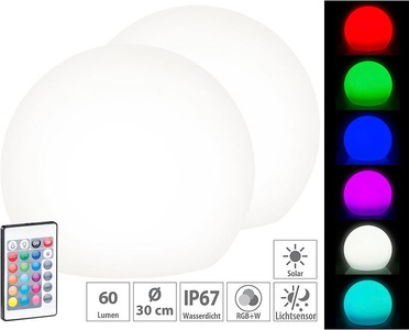 Lunartec, Lunartec 2er-Set Solar-LED-Leuchtkugel mit Fernbedienung, 60 Lumen,IP67, Ø30 cm, 2er-Set Solar-LED-Leuchtkugel mit Fernbedienung, 60 Lumen,IP67, Ø30 cm