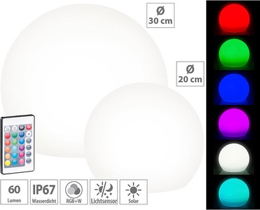 Lunartec, Lunartec Bundel Solar-LED-Leuchtkugeln mit Fernbedienung, Ø20cm + Ø30cm, 2er-Set Solar-LED-Leuchtkugeln mit Fernbedienung, Ø 20 cm + Ø 30 cm