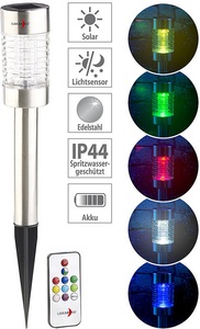 Lunartec, Lunartec Solar-RGB-LED-Wegeleuchte, Lichtsensor, Fernbedienung, Edelstahl, IP44, Solar-RGB-LED-Wegeleuchte, Lichtsensor, Fernbedienung, Edelstahl, IP44