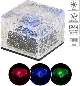 Lunartec, Lunartec Solar-RGB-LED-Glasbaustein mit Dämmerungsssensor, 7 x 5,4 x 7 cm, IP44, Solar-RGB-LED-Glasbaustein mit Dämmerungsssensor, 7 x 5,4 x 7 cm, IP44