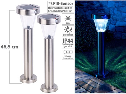 Lunartec, Lunartec 2er-Set Solar-Wegeleuchte, Edelstahl, Bewegungs- & Licht-Sensor, IP44, 2er-Set Solar-Wegeleuchte, Edelstahl, Bewegungs- & Licht-Sensor, IP44