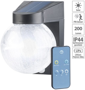 Luminea, Luminea Solar-LED-Wandleuchte im Crackle-Glas-Design, PIR-Sensor, 200 Lumen, Solar-LED-Wandleuchte im Crackle-Glas-Design, PIR-Sensor, 200 Lumen