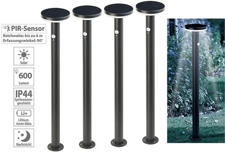 Lunartec, Lunartec 4er-Set Premium-LED-Solar-Wegeleuchte, PIR-Sensor, Nachtlicht, 600 lm, 4er-Set Premium-LED-Solar-Wegeleuchte, PIR-Sensor, Nachtlicht, 600 lm