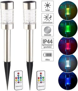 Lunartec, Lunartec 2er-Set Solar-RGB-LED-Wegeleuchte mit Lichtsensor & Fernbedienung IP44, 2er-Set Solar-RGB-LED-Wegeleuchte mit Lichtsensor & Fernbedienung IP44