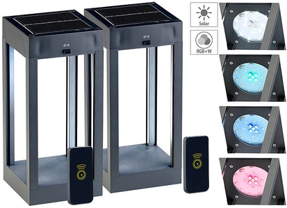 Lunartec, Lunartec 2er-Set Outdoor-Solar-Laternen, RGB+W-LEDs, Fernbedienung, 80 lm, 1 W, 2er-Set Outdoor-Solar-Laternen, RGB+W-LEDs, Fernbedienung, 80 lm, 1 W