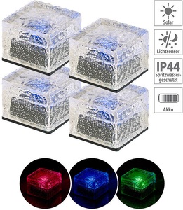 Lunartec, Lunartec 4er-Set Solar-RGB-LED-Glasbausteine, Dämmerungsssensor, 7 x 5,4 x 7 cm, 4er-Set Solar-RGB-LED-Glasbausteine, Dämmerungsssensor, 7 x 5,4 x 7 cm