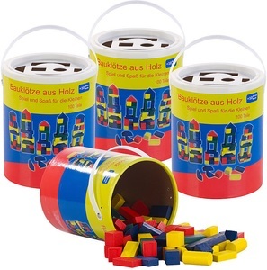 Playtastic, Playtastic 4er-Set Holzbausteine, Aufbewahrungseimer, 100 St., 4 Farben, 6 Formen, 4er-Set Holzbausteine, Aufbewahrungseimer, 100 St., 4 Farben, 6 Formen