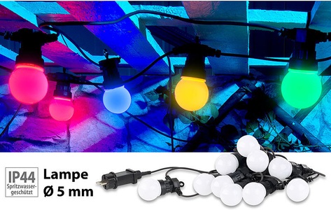 Lunartec, Lunartec Party-LED-Lichterkette m. 10 LED-Birnen, 3 Watt, IP44, 4-farbig, 4,5 m, Party-LED-Lichterkette m. 10 LED-Birnen, 3 Watt, IP44, 4-farbig, 4,5 m