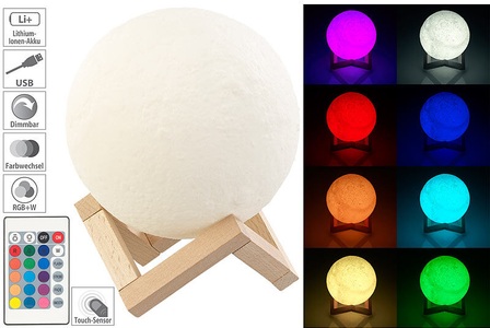 Lunartec, Lunartec Deko-Mond-Leuchte mit LED, Touch-/Fernbedienung, Akku, 16 Farben,Ø15cm, Deko-Mond-Leuchte mit LED, Touch-/Fernbedienung, Akku, 16 Farben,Ø15cm