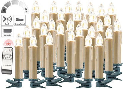 Lunartec, Lunartec FUNK-Weihnachtsbaum-LED-Kerzen, Fernbedienung, 30er-Set, golden, FUNK-Weihnachtsbaum-LED-Kerzen, Fernbedienung, 30er-Set, golden