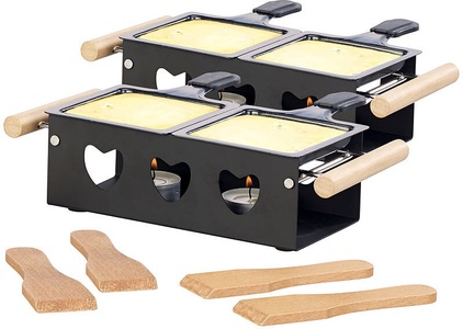 Rosenstein & Söhne, Rosenstein & Söhne 2er-Set Teelicht-Raclette für 2 Personen, mit Schabern und Teelichtern, 2er-Set Teelicht-Raclette für 2 Personen, mit Schabern und Teelichtern