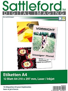 Sattleford, Sattleford 12 Etiketten A4 210x297 mm für Laser/Inkjet, 12 Etiketten A4 210x297 mm für Laser/Inkjet