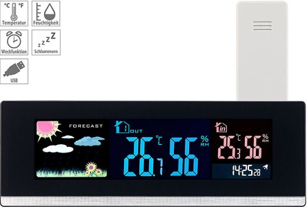 Infactory, infactory Tisch-Wetterstation, Funk-Aussensensor, Farb-LCD-Display, USB-Ladeport, Tisch-Wetterstation, Funk-Außensensor, Farb-LCD-Display, USB-Ladeport