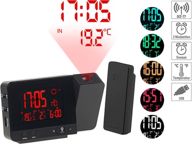 Infactory, infactory Funk-Wetterstation mit Projektions-Wecker, Aussensensor & USB, schwarz, Funk-Wetterstation mit Projektions-Wecker, Außensensor & USB, schwarz