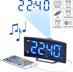 Auvisio, auvisio Projektions-Radiowecker mit Curved-Display, Dual-Alarm & USB-Ladeport, Projektions-Radiowecker mit Curved-Display, Dual-Alarm & USB-Ladeport