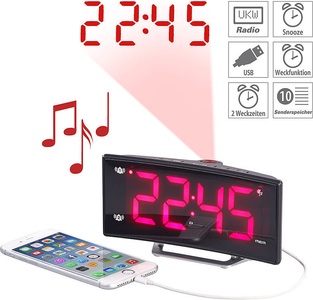 Auvisio, auvisio Projektions-Radiowecker mit Curved-Display, Dual-Alarm & USB-Ladeport, Projektions-Radiowecker mit Curved-Display, Dual-Alarm & USB-Ladeport