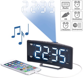Auvisio, auvisio Projektions-Radiowecker mit Curved-Display, Dual-Alarm & USB-Ladeport, Projektions-Radiowecker mit Curved-Display, Dual-Alarm & USB-Ladeport
