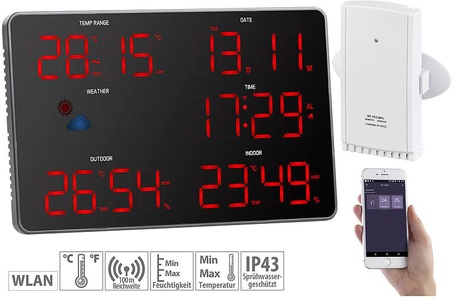 Infactory, infactory Design-WLAN-LED-Wetterstation mit Aussensensor, Wettersymbolen, WLAN, Design-LED-Wetterstation mit WLAN, Außensensor, Wettersymbolen und App