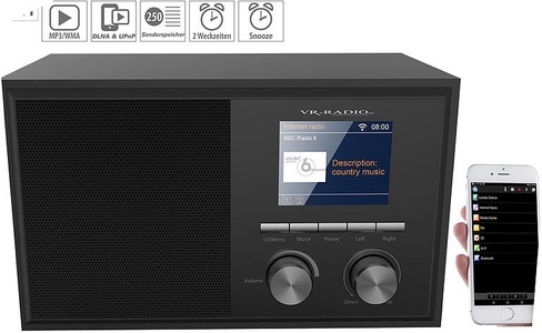 VR-Radio, VR-Radio WLAN-Internetradio mit 2 Weckzeiten, Farbdisplay, Holzgehäuse, 6 Watt, WLAN-Internetradio mit 2 Weckzeiten, Farbdisplay, Holzgehäuse, 6 Watt