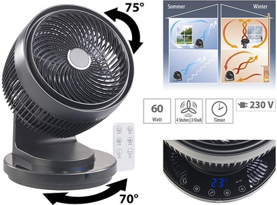 Sichler Haushaltsgeräte, Sichler Haushaltsgeräte Digitaler 3D-Robo-Raumventilator und Luftzirkulator, 60 Watt, Ø 23 cm, Digitaler 3D-Robo-Raumventilator und Luftzirkulator, 60 Watt, Ø 23 cm