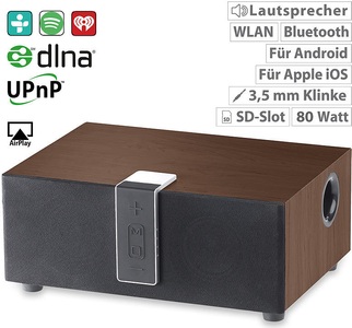 Auvisio, auvisio WLAN-Multiroom-Lautsprecher mit Subwoofer, BT, Airplay, 80 W, walnuss, WLAN-Multiroom-Lautsprecher mit Subwoofer, BT, Airplay, 80 W, walnuss