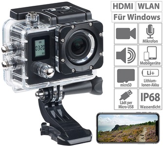 Somikon, Somikon Einsteiger-4K-Action-Cam, WLAN, 2 Displays, Full HD 60 B./Sek., IP68, Einsteiger-4K-Action-Cam, WLAN, 2 Displays, Full HD 60 B./Sek., IP68