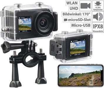 Somikon, Somikon UHD-Action-Cam mit 2 Displays, WLAN und Sony-Bildsensor, IPX8, UHD-Action-Cam mit 2 Displays, WLAN und Sony-Bildsensor, IPX8