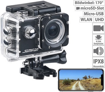 Somikon, Somikon UHD-Action-Cam DV-3717 mit WLAN, Sony-Bildsensor und App, IPX8, UHD-Action-Cam DV-3717 mit WLAN, Sony-Bildsensor und App, IPX8