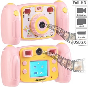 Somikon, Somikon Kinder-Full-HD-Digitalkamera, 2. Objektiv für Selfies & 2 Sucher, rosa, Kinder-Full-HD-Digitalkamera, 2. Objektiv für Selfies & 2 Sucher, rosa