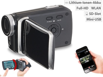 Somikon, Somikon Full-HD-Camcorder mit 7,6-cm-Touch-Display (3"), WLAN, App-Steuerung, Full-HD-Camcorder mit 7,6-cm-Touch-Display (3