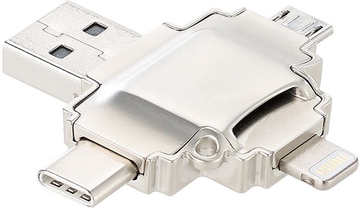 Callstel, Callstel microSD-Kartenleser mit Lightning-, Micro-USB- & USB-Stecker Typ A & C, microSD-Kartenleser mit Lightning-, Micro-USB- & USB-Stecker Typ A & C