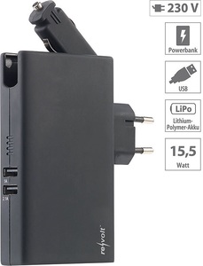 revolt, revolt Powerbank mit 5.000 mAh, 12/24- & 230-V-Stecker, 2x USB, 3,1 A, 15,5 W, Powerbank mit 5.000 mAh, 12/24- & 230-V-Stecker, 2x USB, 3,1 A, 15,5 W