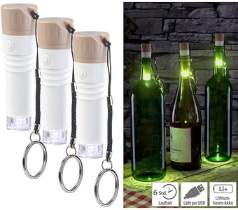Lunartec, Lunartec 3er-Set LED-Weinflaschen-Lichter mit weissem Licht, per USB ladbar, 3er-Set LED-Weinflaschen-Lichter mit weissem Licht, per USB ladbar