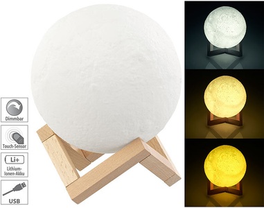 Lunartec, Lunartec Deko-Mond-Leuchte mit LED, Touchbedienung, Akku, 3 Farben, Ø 15 cm, Deko-Mond-Leuchte mit LED, Touchbedienung, Akku, 3 Farben, Ø 15 cm