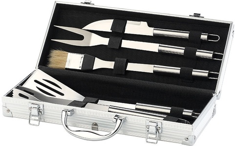 Rosenstein & Söhne, Rosenstein & Söhne Edelstahl-Grillbesteck im Aluminium-Koffer, Edelstahl-Grillbesteck im Aluminium-Koffer