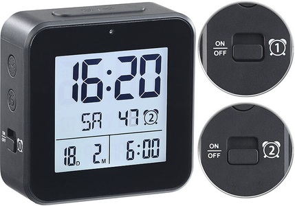 Infactory, infactory Funkwecker mit 2 Weckzeiten, Hygro-/Thermometer & Lichtsensor, schwarz, Funkwecker mit 2 Weckzeiten, Hygro-/Thermometer & Lichtsensor, schwarz