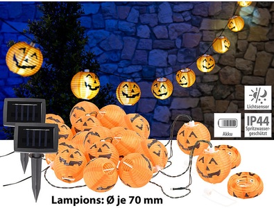 Lunartec, Lunartec 2er Pack Solar-Lichterkette mit 10 LED-Lampions im Halloween-Kürbis-Lo, 2er-Set Solar-Lichterketten mit 10 LED-Lampions, Halloween-Kürbis-Look
