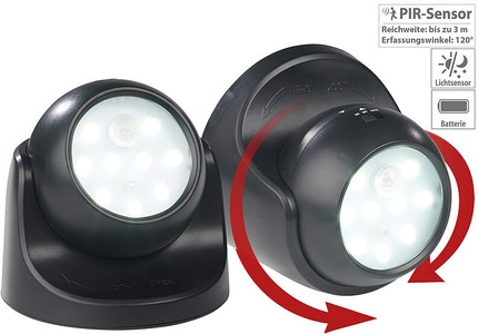 Luminea, Luminea 2er-Set Kabellose LED-Strahler, Bewegungssensor, 360° drehbar,100 lm, 2er-Set Kabellose LED-Strahler, Bewegungssensor, 360° drehbar,100 lm