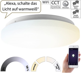 Luminea Home Control, Luminea Home Control WLAN-LED-Deckenleuchte für Amazon Alexa & Google Assistant, CCT, 24 W, WLAN-LED-Deckenleuchte für Amazon Alexa & Google Assistant, CCT, 24 W