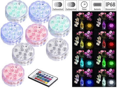 Lunartec, Lunartec 8er-Set RGB-LED-Unterwasserleuchten mit Fernbedienung, Timer, IP68, 8er-Set RGB-LED-Unterwasserleuchten mit Fernbedienung, IP68