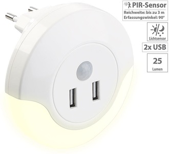 Luminea, Luminea LED-Steckdosen-Nachtlicht mit PIR- und Lichtsensor, 2x USB (10 Watt), LED-Steckdosen-Nachtlicht mit PIR- und Lichtsensor, 2x USB (10 Watt)