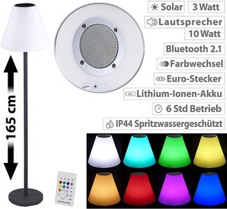 Lunartec, Lunartec Solar-LED-Stehleuchte, Lautsprecher, Bluetooth, 7 Farben, 50 lm, 2,4 W, Solar-LED-Stehleuchte, Lautsprecher, Bluetooth, 7 Farben, 50 lm, 2,4 W