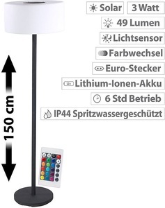 Lunartec, Lunartec Solar-LED-Stehleuchte, Lichtsensor, 16 Farben, 50 lm, 2,4 W, IP44, Solar-LED-Stehleuchte, Lichtsensor, 16 Farben, 50 lm, 2,4 W, IP44