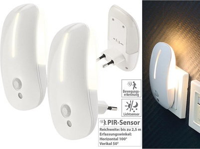 Lunartec, Lunartec 2 LED-Steckdosen-Nachtlichter mit Bewegungsmelder & Dämmerungs-Sensor, 2 LED-Steckdosen-Nachtlichter mit Bewegungsmelder & Dämmerungs-Sensor