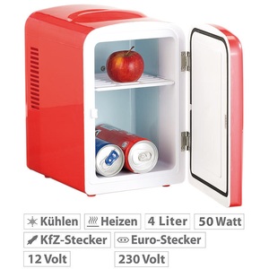 Rosenstein & Söhne, Rosenstein & Söhne Mini-Kühlschrank mit Warmhalte-Funktion, 4 Liter, für 12/230 Volt, rot, Mini-Kühlschrank mit Warmhalte-Funktion, 4 Liter, für 12/230 Volt, rot