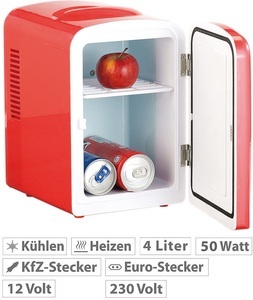 Rosenstein & Söhne, Rosenstein & Söhne Mini-Kühlschrank mit Warmhalte-Funktion, 4 Liter, für 12/230 Volt, rot, Mini-Kühlschrank mit Warmhalte-Funktion, 4 Liter, für 12/230 Volt, rot